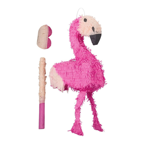Ensemble piñata flamant rose avec bâton et masque