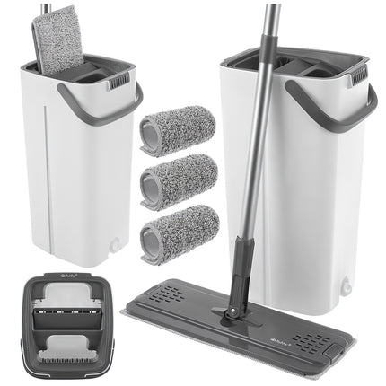 Balai-serpillère plat avec seau à double compartiment de 8,5 L et 3 lingettes
