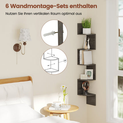 Schwebendes Eckregal, 5-stöckige Wandhalterung, Grau