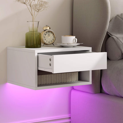 Ensemble de table de chevet suspendue avec LED RGB, tiroir, blanc