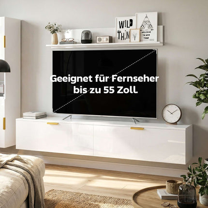 Meuble TV suspendu avec portes rabattables, 180 cm, blanc brillant