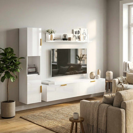 Meuble TV suspendu avec portes rabattables, 180 cm, blanc brillant