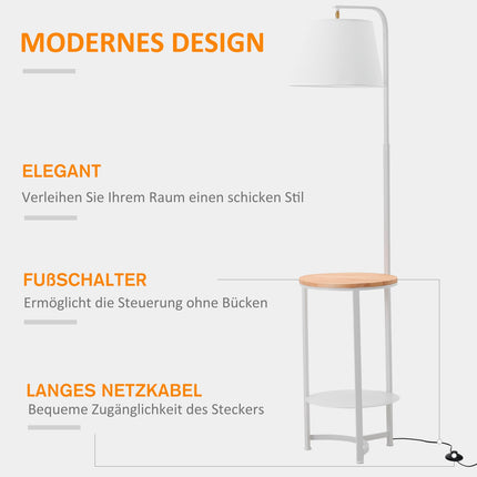 Floor lamp with shelves and table, E27, White metal