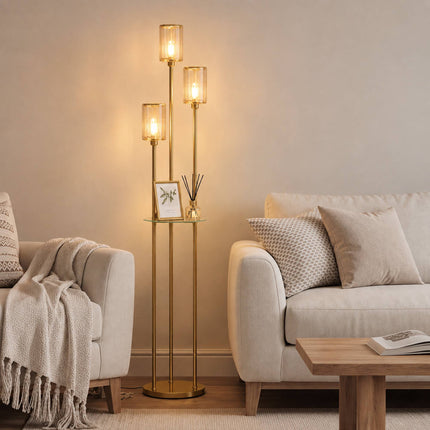 Floor Lamp with Glass Shelf, 3 Glass Shades and Foot Switch, Gold, 177 cm