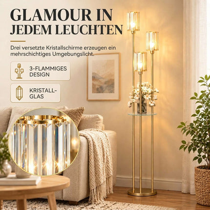 Floor Lamp with Glass Shelf, 3 Glass Shades and Foot Switch, Gold, 177 cm