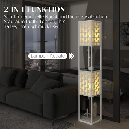 Stehlampe mit Gitter-Lampenschirm und zwei Ablagen, Weiß