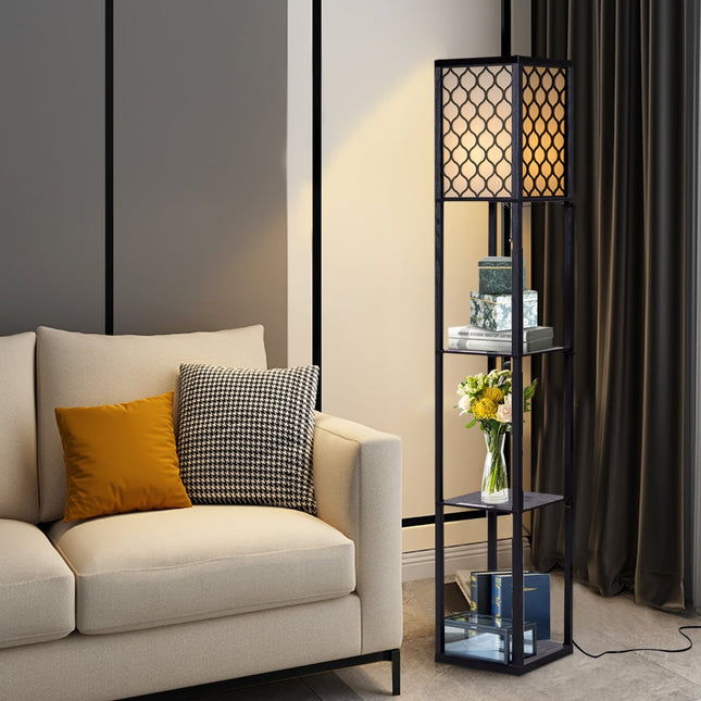 Lampadaire avec étagères, bois noir, abat-jour crème, 160 cm
