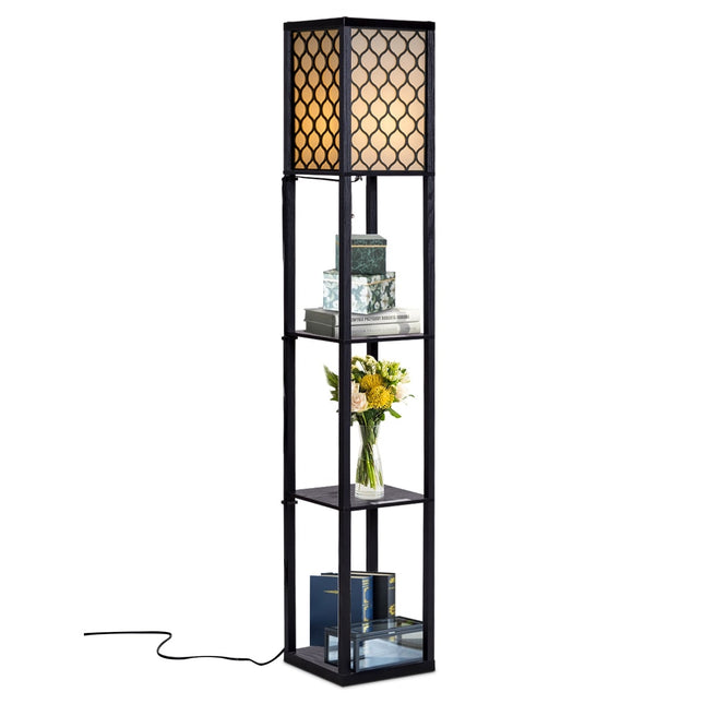 Lampadaire avec étagères, bois noir, abat-jour crème, 160 cm