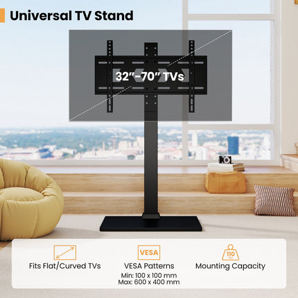 Support TV sur pied, réglable en hauteur, étagère AV, 32-70 pouces
