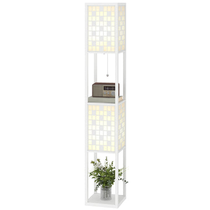 Stehlampe mit Gitter-Lampenschirm und zwei Ablagen, Weiß