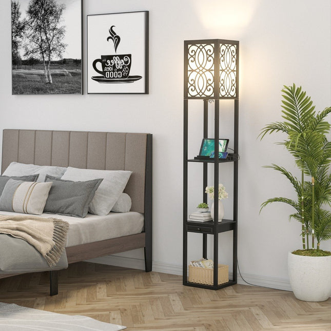 Lampadaire avec étagères et tiroir pour salon chambre 26 x 26 x 160,5 cm noir