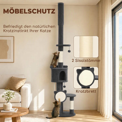 Floor-to-Ceiling Cat Tree 225-255 cm with Cave and Hammock, Dark Grey