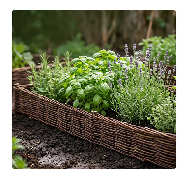 Bordure de parterre de fleurs, bordure en osier tressé avec piquets