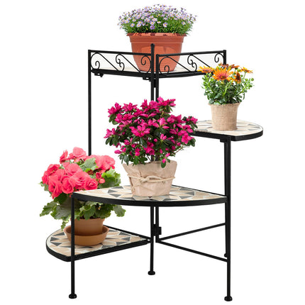 Support À Fleurs Escalier À Fleurs Pliable En 4 Marches Pour Jardin Et Balcon, Métal Avec Carreaux De Céramique, Noir + Beige, 64X64X72Cm