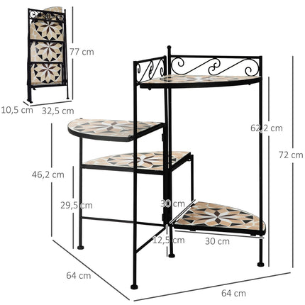 Support À Fleurs Escalier À Fleurs Pliable En 4 Marches Pour Jardin Et Balcon, Métal Avec Carreaux De Céramique, Noir + Beige, 64X64X72Cm