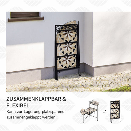 Support À Fleurs Escalier À Fleurs Pliable En 4 Marches Pour Jardin Et Balcon, Métal Avec Carreaux De Céramique, Noir + Beige, 64X64X72Cm