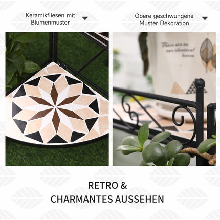 Support À Fleurs Escalier À Fleurs Pliable En 4 Marches Pour Jardin Et Balcon, Métal Avec Carreaux De Céramique, Noir + Beige, 64X64X72Cm