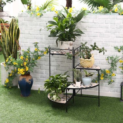 Support À Fleurs Escalier À Fleurs Pliable En 4 Marches Pour Jardin Et Balcon, Métal Avec Carreaux De Céramique, Noir + Beige, 64X64X72Cm