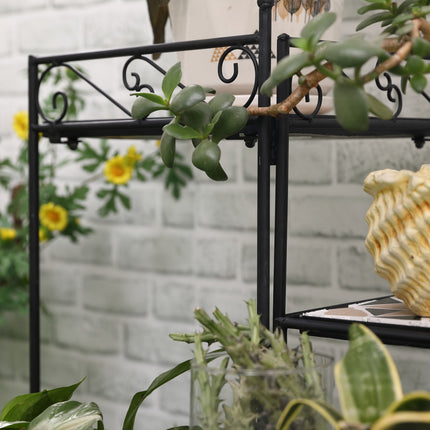 Support À Fleurs Escalier À Fleurs Pliable En 4 Marches Pour Jardin Et Balcon, Métal Avec Carreaux De Céramique, Noir + Beige, 64X64X72Cm