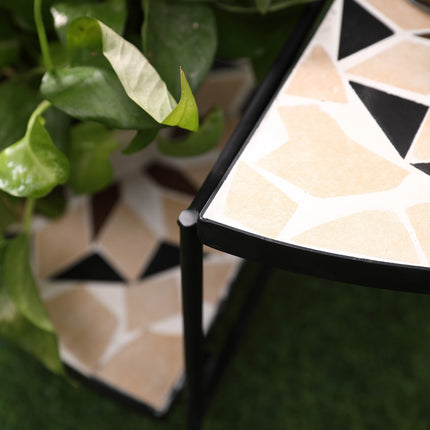 Support À Fleurs Escalier À Fleurs Pliable En 4 Marches Pour Jardin Et Balcon, Métal Avec Carreaux De Céramique, Noir + Beige, 64X64X72Cm