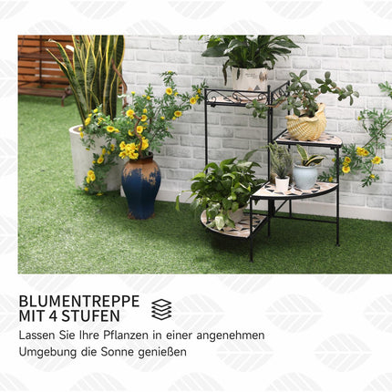 Support À Fleurs Escalier À Fleurs Pliable En 4 Marches Pour Jardin Et Balcon, Métal Avec Carreaux De Céramique, Noir + Beige, 64X64X72Cm