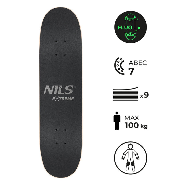Skateboard fluorescent avec roues lumineuses, plateau 9 plis
