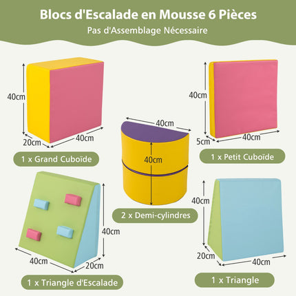 Blocs d'escalade en mousse, ensemble de 6 pièces à scratch pour tout-petits