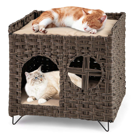 Maison pour chat pliable à 2 niveaux en rotin avec coussins