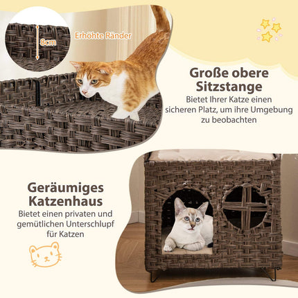 Maison pour chat pliable à 2 niveaux en rotin avec coussins
