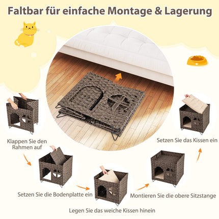 Maison pour chat pliable à 2 niveaux en rotin avec coussins