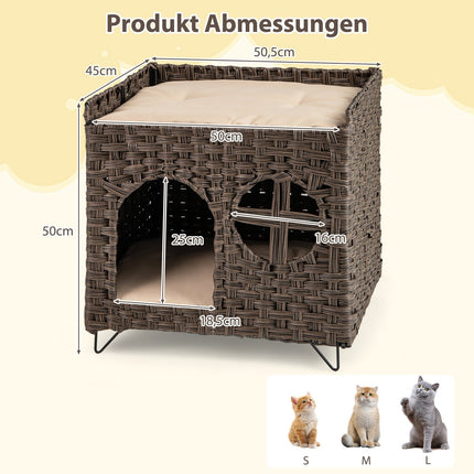 Maison pour chat pliable à 2 niveaux en rotin avec coussins
