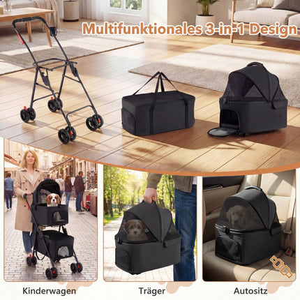 Poussette pliable 3 en 1 pour animaux de compagnie avec deux porte-bébés, noire