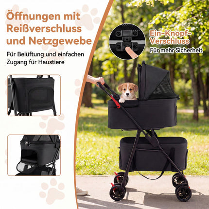 Poussette pliable 3 en 1 pour animaux de compagnie avec deux porte-bébés, noire
