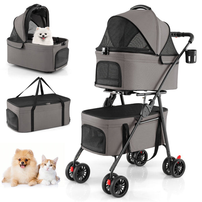 Poussette pliable 3 en 1 pour animaux de compagnie avec deux porte-bébés, grise