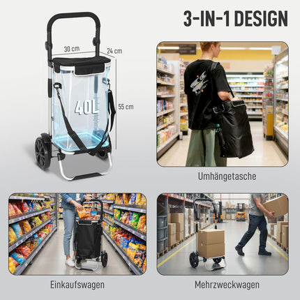 Faltbarer 3-in-1 Einkaufstrolley, 40L, 25kg Tragkraft, Schwarz