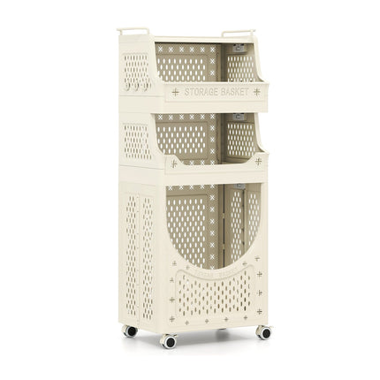 Chariot à linge pliable à 4 niveaux avec roulettes verrouillables, beige