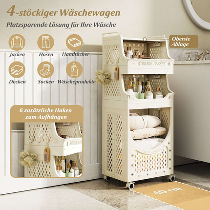 Chariot à linge pliable à 4 niveaux avec roulettes verrouillables, beige