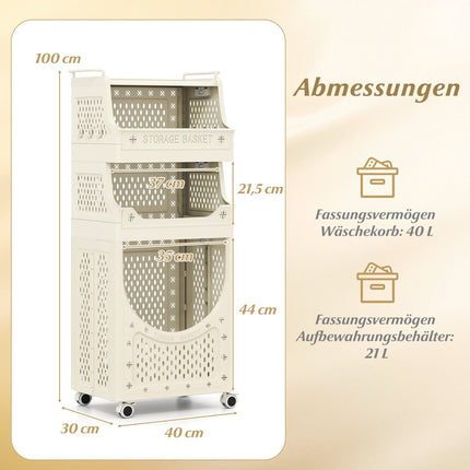 Chariot à linge pliable à 4 niveaux avec roulettes verrouillables, beige