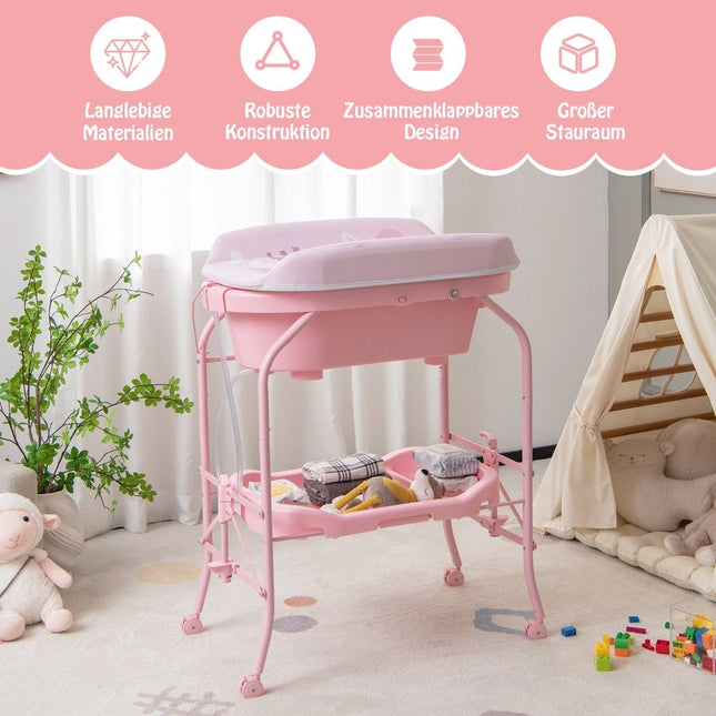 Table à langer pliable avec baignoire, rangement et roulettes