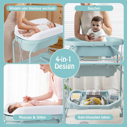Table à langer pliable avec baignoire, rangement et roulettes