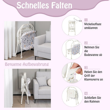 Table à langer pliable avec baignoire, rangement et roulettes