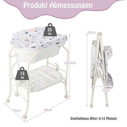 Table à langer pliable avec baignoire, rangement et roulettes