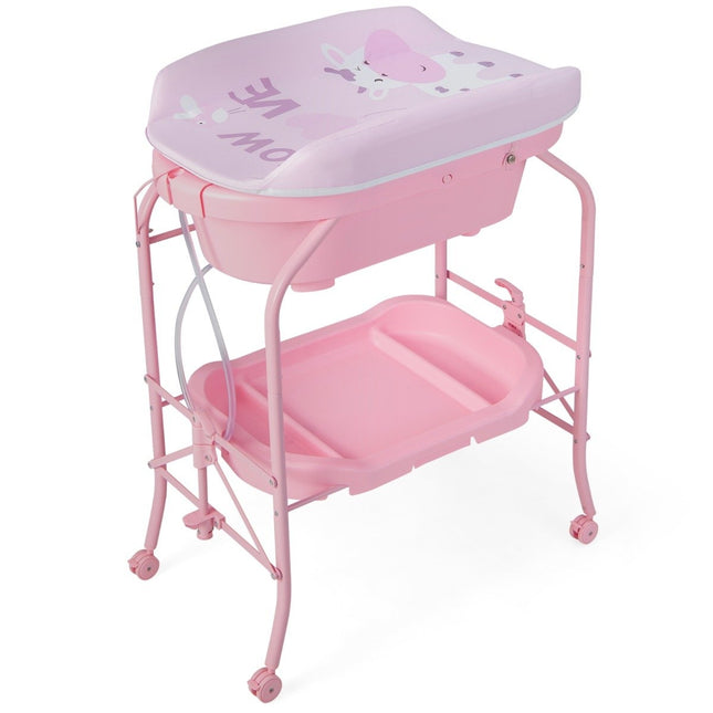Table à langer pliable avec baignoire, rangement et roulettes