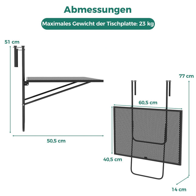 Table de balcon pliable - Table suspendue en métal, noire