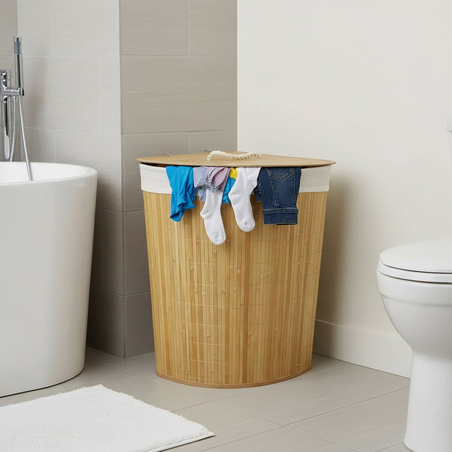 Panier à linge d'angle pliable en bambou avec couvercle