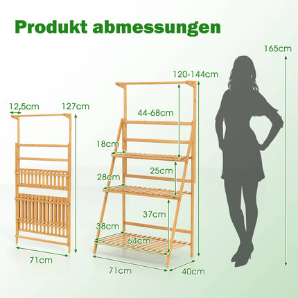 Zusammenklappbarer Bambus-Pflanzenständer mit verstellbaren Regalböden, 71x40x120 cm