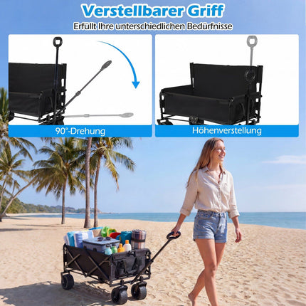 Chariot de plage pliable avec siège, poignée réglable, noir