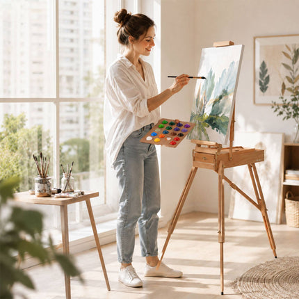 Chevalet pliable en bois de hêtre avec tiroir et palette
