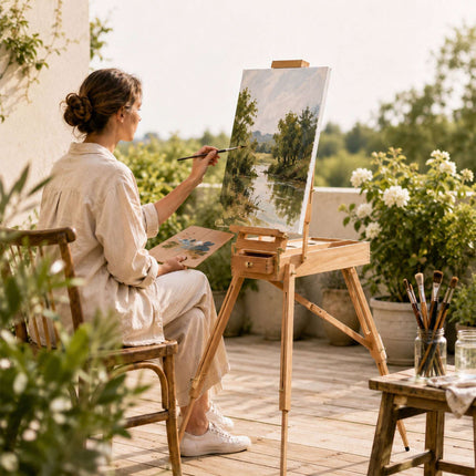 Chevalet pliable en bois de hêtre avec tiroir et palette