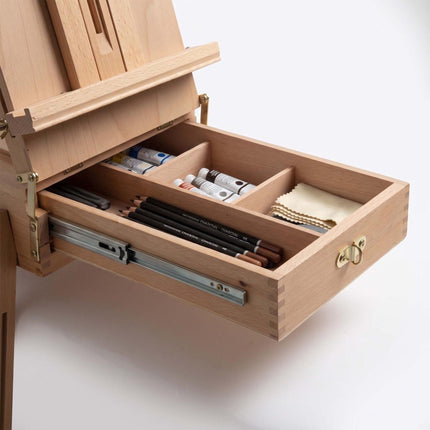 Chevalet pliable en bois de hêtre avec tiroir et palette